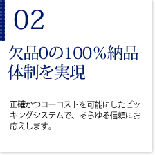 02欠品0の100％納品体制を実現　生活かつローコストを可能にしたピッキングシステムで、あらゆる信頼にお応えします。